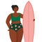 Confident black plus size woman with a surfing board