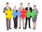 Confident business people holding colorful jigsaw puzzle