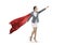 Confident business superhero woman wearing red cape against