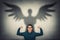 Confident businessman flexing muscles imagine superpower. Guy shows his strength, casting a superhero shadow with angel wings on a