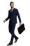 Confident businessman in navy blue suit holding suitcase