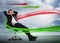 Confident businessman reclining in swivel chair with red and green arrows