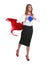 Confident businesswoman wearing superhero costume under suit on white background