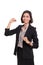Confident career woman with arm raised up, showing optimism and enthusiasm
