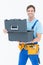 Confident carpenter opening tool box