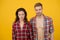 Confident couple portrait. Rustic hipster style. handsome man with bare chest. attractive woman long hair. casual couple