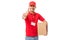 Confident Courier Man With Moving Box Showing Thumbs Up
