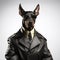 Confident Doberman Dog Dressed as Bodyguard on White Background AI Generated