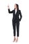 Confident elegant business woman pointing finger touching virtual reality push button screen.