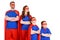 confident family of superheroes in costumes standing with crossed arms and looking away