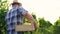 Confident farmer man carrying a box of gathered grapes and walking through the vineyard, back view video 4k