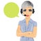 Confident female customer support phone operator with arms folded and speech bubble
