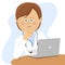 Confident female doctor sitting at office desk with laptop, health care and prevention concept