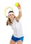 Confident female tennis player serving ball