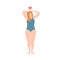 Confident girl in swimsuit smiling love yourself vector flat illustration. Cartoon bodypositive woman enjoying body care