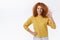 Confident good-looking assertive redhead caucasian woman with curly hair, show okay sign and smiling with self-assured