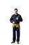 Confident handyman wearing uniform with tool belt and holding wrench