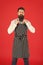 Confident in his recipe. Modern cafe concept. Cooking modern meals. Man with beard cook hipster apron. Hipster chef cook