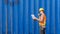 Confident inspector standing in front of cargo container in shipping yard