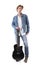 Confident macho male guitarist posing with guitar in jeans.