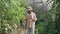 Confident male Caucasian gardener walking along greenhouse using tablet checking raw vegetables growing indoors