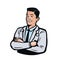 Confident male doctor. Medicine, hospital logo or emblem. Vector illustration