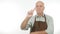 Confident Man With Apron Attention Sign a Warning Hand Gestures