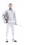 Confident man professional fencer standing with helmet and rapier