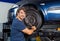 Confident Mechanic Fixing Car Tire With Rim Wrench