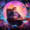 Confident Plus-Size Manager Immersed in a Cosmic Setting