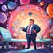 Confident Plus-Size Manager Immersed in a Cosmic Setting