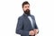 Confident posture. Businessman or host fashionable outfit isolated white. Man bearded hipster wear classic suit outfit