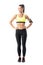 Confident proud athletic sporty female jogger with hands on waist looking down