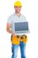 Confident repairman showing laptop