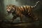 A confident sabertoothed tiger its tail held high as it strides confidently forward.. AI generation