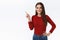 Confident, sassy female student in red sweater prepare thanksgiving party, arrange meeting, self-assured everything on