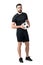 Confident soccer of futsal player holding ball with daring look at the camera