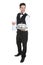 Confident waiter holding domed tray