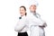 confident waitress and chef on white background portrait