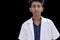 Confident young physician posing on black background, medicine and healthcare professionals concept