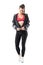 Confident young pretty fit runner in sportswear zipping tracksuit jacket get dressed