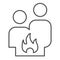 Conflict couple thin line icon. Quarrel, man and woman conflict and fire symbol, outline style pictogram on white