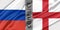 Conflict Russia and England, war between Russia vs England, fabric national flag Russia and Flag England, war crisis concept. 3D
