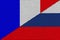 Conflict between Russia and France war concept. Russian flag and France flag background. Flag with texture of thread and rope.