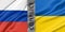 Conflict Russia and Ukraine, war between Russia vs Ukraine, fabric national flag Russia and Flag Ukraine, war crisis concept. 3D