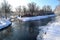 Confluence of two rivers in winter, rivers LuÄina and Ostravice, February 15, 2021, Ostrava, North Moravia, Czech Republic