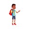 confused african boy speaking with trainer in gym cartoon vector