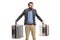 Confused bearded man holding suitcases