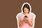 Confused or bewilderment upset woman looking at her mobile phone. emotional girl Magazine collage style with trendy color