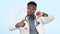 Confused black man, doctor and thumbs up in healthcare review or feedback against a studio background. Portrait of